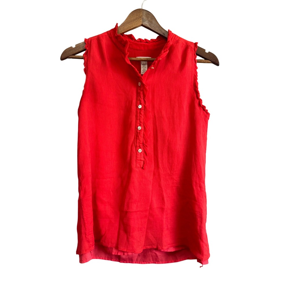 J.Crew Silk Sleeveless Blouse Womens‎ 4 Red Excellent Ruffle Neck Henley Top
